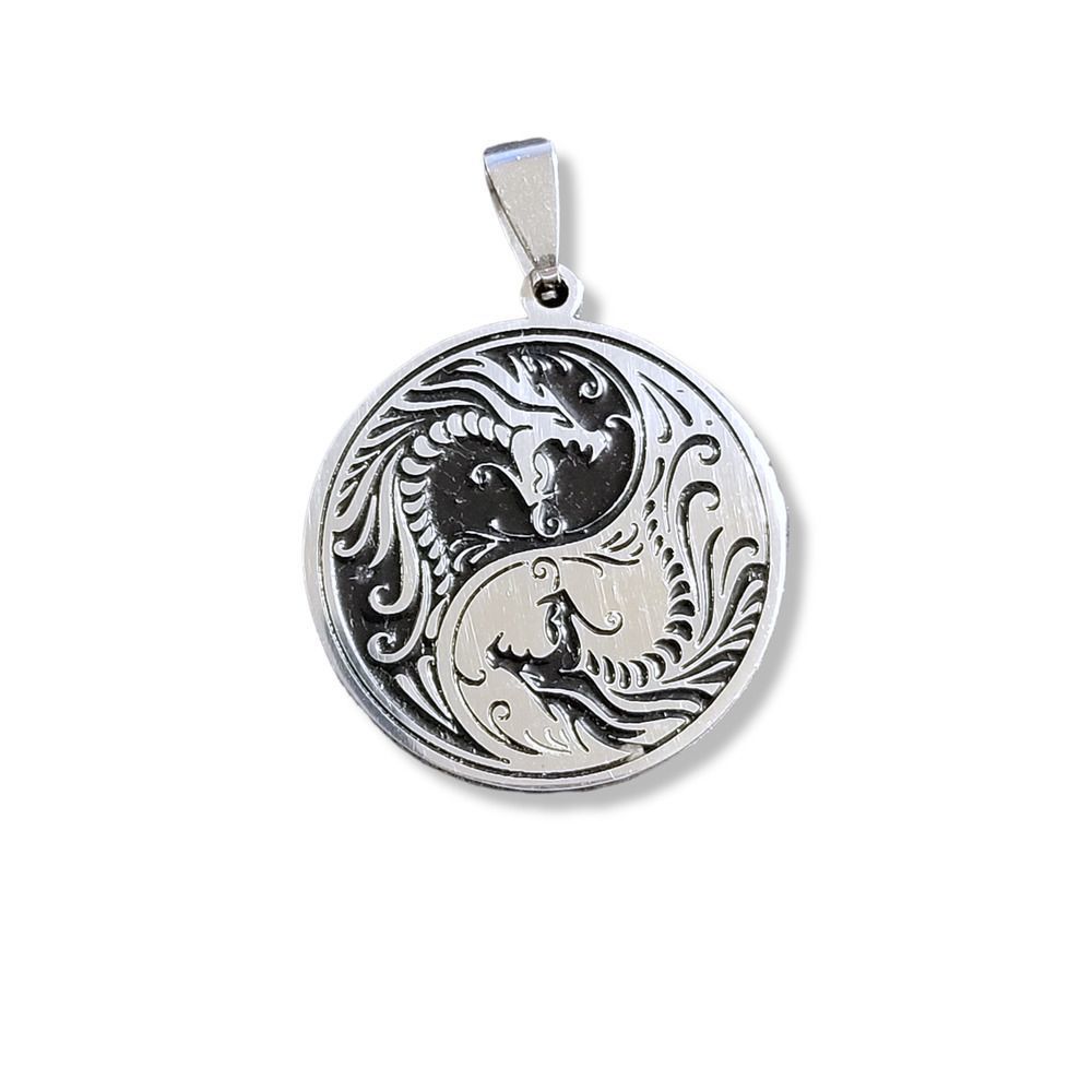 Stainless Steel Black Enamel Yin Yang Round Medallion Pendant